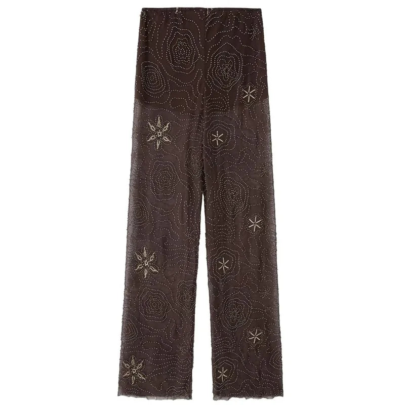HXAO Women's Pants Spring Summer 2025 Beading Brown Trousers Sequins Translucent High Waist Pants Ladies Streetwear Casual Pants - Matrix-studios.com