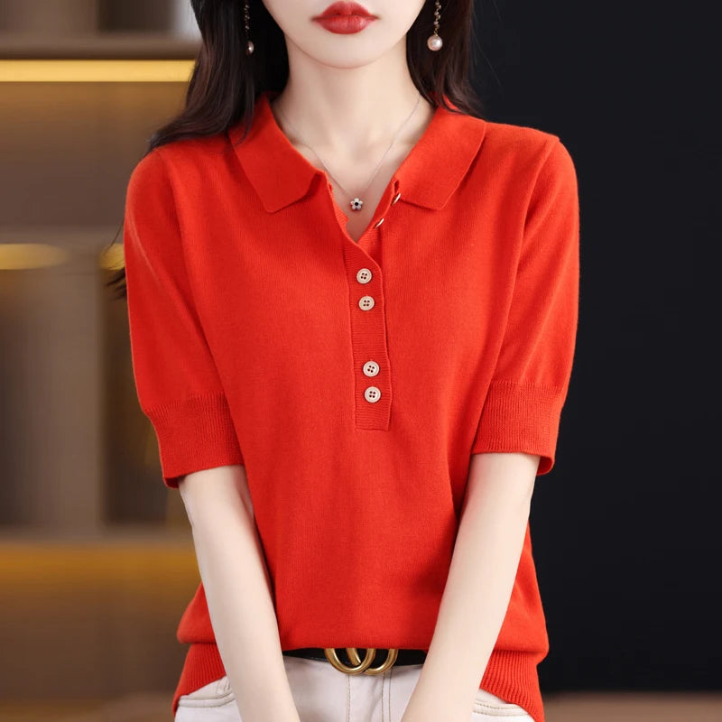 Women's T-shirt Summer 100% Cotton Sweater Short Sleeve Casual Knitwear POLO Collar Ladies' Tops Loose Pullover Tees Buttons - Matrix-studios.com
