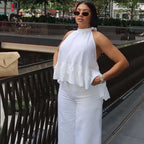 Two‑Piece Set Halter Tie‑Back Peplum Sleeveless Top & Wide‑Leg Pants Women Summer Backless Vacation Elegant Casual Matching Set - Matrix-studios.com