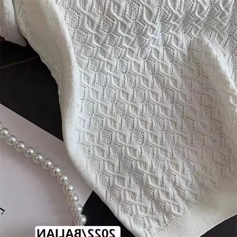 Korean Ice Silk Polo Neck Knitted Shirt Women 2025 Summer Chic Thin Unique Jacquard Short Sleeve Ladies Tops Women’s Clothing - Matrix-studios.com