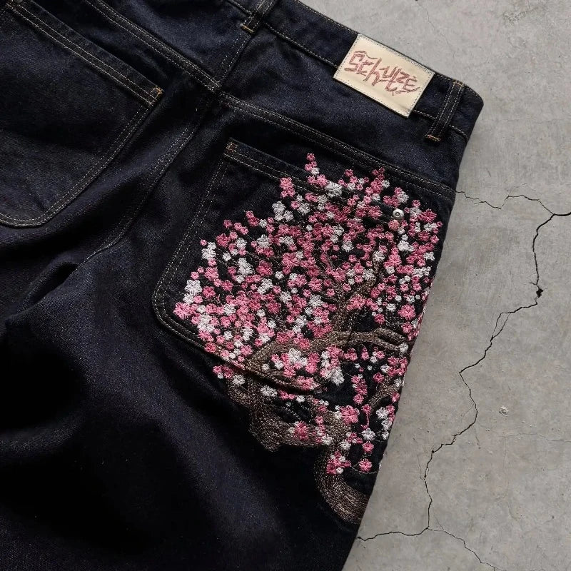 Y2K Baggy Jeans Cherry Blossom Selvedge Embroidery Denim Pants Men Women Denim Fabric American Hiphop Streetwear Wide Leg Jeans - Matrix Studios