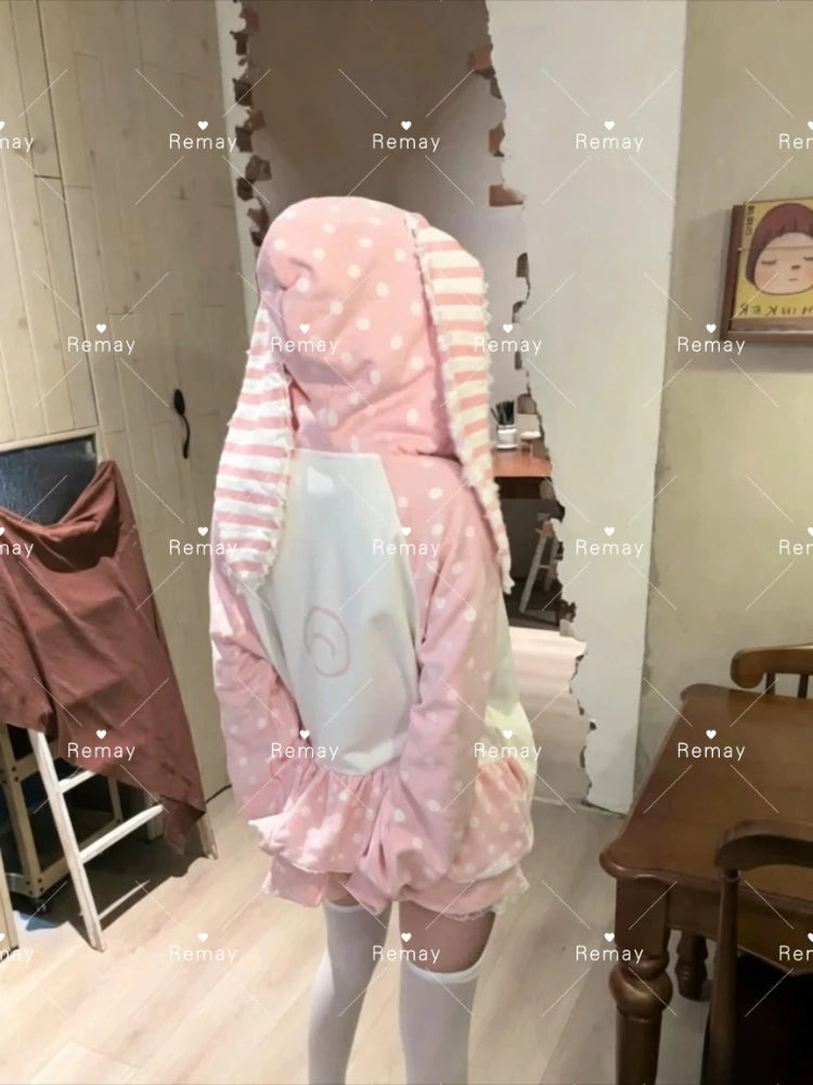 Japanese Kawaii Rabbit Ears Hoodies Tops Women Design Loose Dot Lace Patchwork Cute Coat Harajuku Chic Sweet Lovely Sweatshirts - Matrix Studios