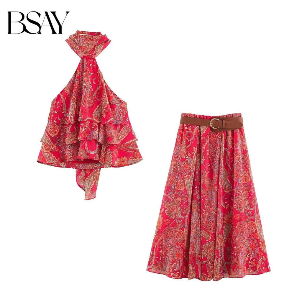 BSAY Summer Bohemian Women Bow Halter Neck Sleeveless Top High‑Waist Flowy Long Skirt With Belt Holiday 2‑Piece Matching Outfit - Matrix-studios.com