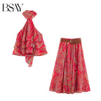 BSAY Summer Bohemian Women Bow Halter Neck Sleeveless Top High‑Waist Flowy Long Skirt With Belt Holiday 2‑Piece Matching Outfit - Matrix-studios.com
