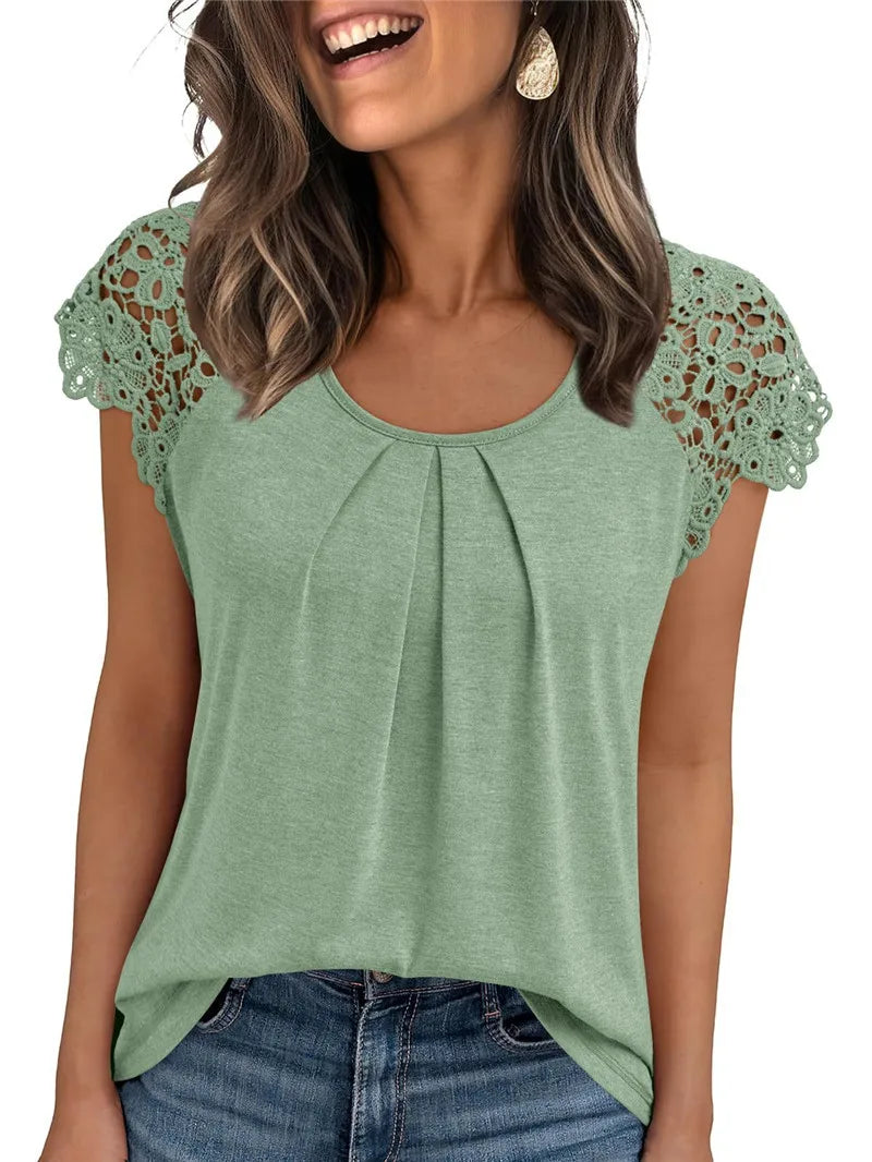 Summer Women Shirts Elegant Hollow Out Lace Short Sleeve O-neck Casual Chic Oversized White Blouses Solid Color Streetwear Tops - Matrix-studios.com