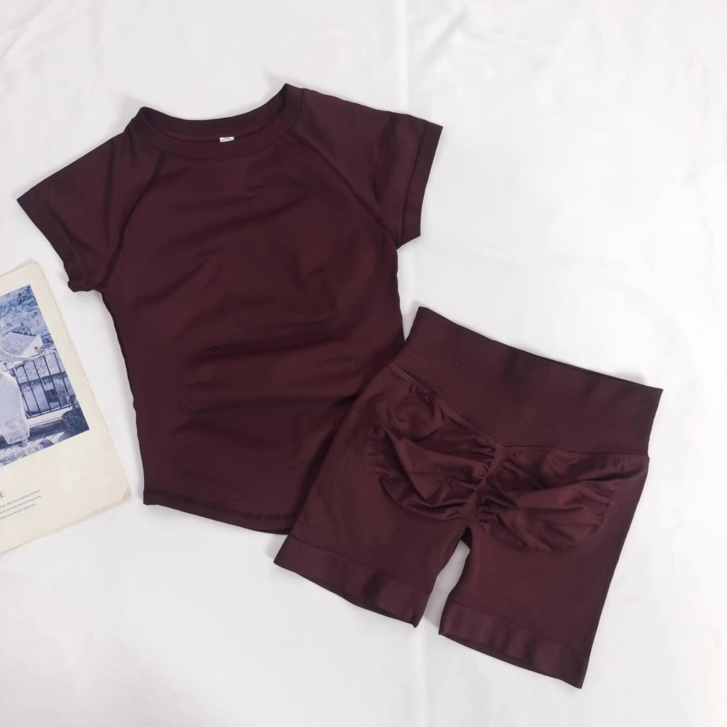 Women's Summer 2 Piece Yoga Outfit Slim Fit Short Sleeve Top High Waist Tummy Lifting Butt Shaping Shorts for Gym Running Daily - Matrix-studios.com