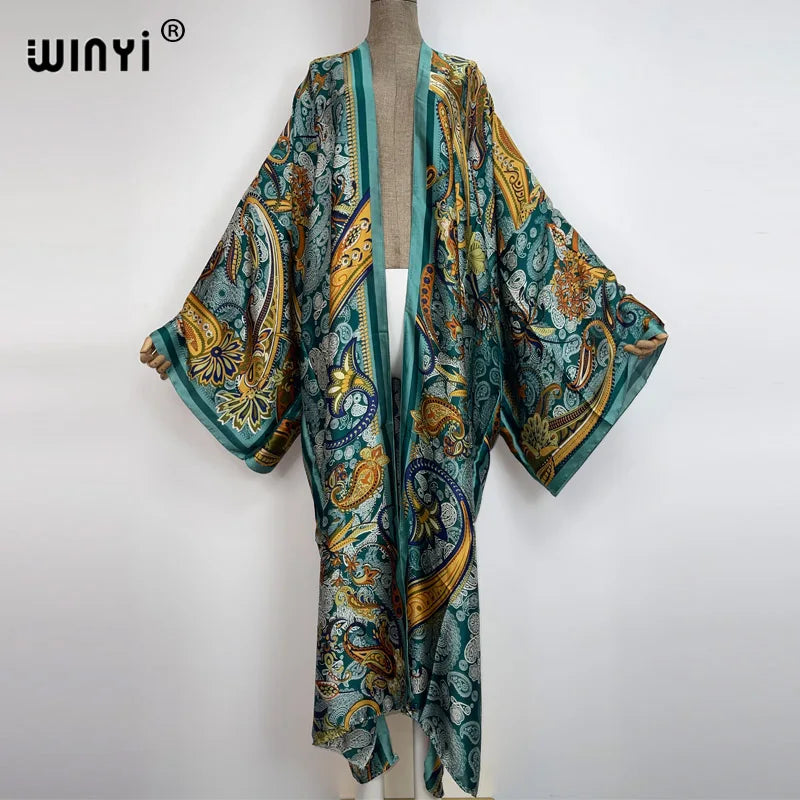 WINYI 2026 Summer Women Cardigan stitch Cocktail sexy Boho Maxi African Holiday Batwing Sleeve Silk feeling Robe kimono kaftan - Matrix Studios