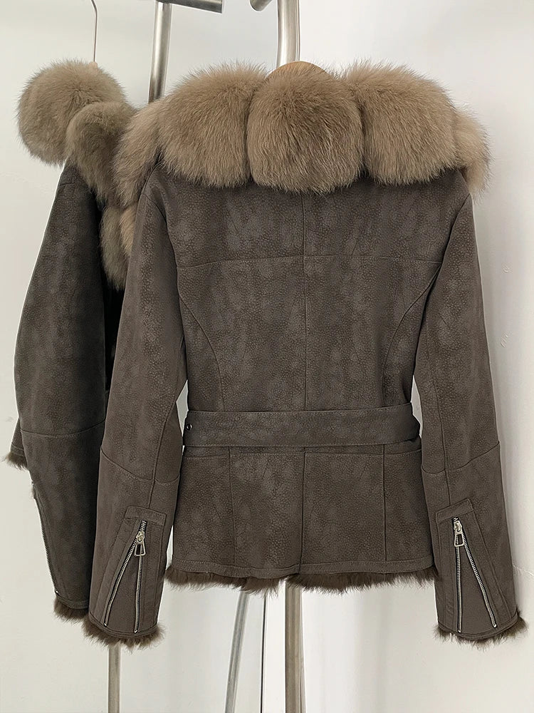 OFTBUY New Autumn Winter Real Fox Fur Collar Clothes Female Belt Suede Jacket Women Thick Warm Natural Rabbit Fur Lining Coat - Matrix Studios