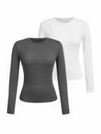 Women's solid-color long-sleeved T-shirt - Polyester knitted fabric, round neck, regular fit, fall-winter style - Matrix-studios.com