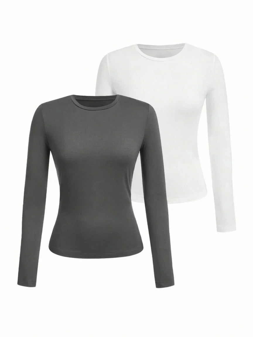 Women's solid-color long-sleeved T-shirt - Polyester knitted fabric, round neck, regular fit, fall-winter style - Matrix-studios.com