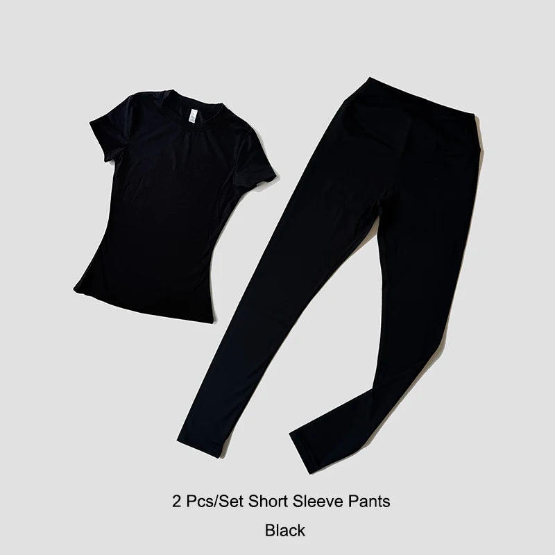 Quick-Drying Gym Leggings Set Sport Suit Short Sleeve Breathable Stretchy Slim Fitness Active Top Tight Gym Set - Matrix-studios.com