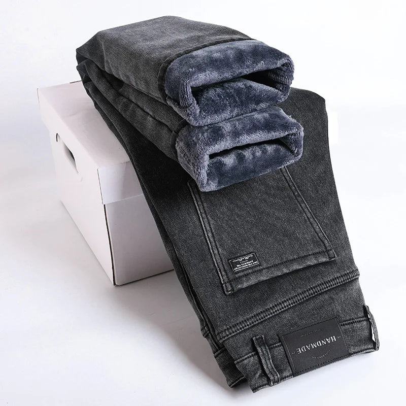 Winter Fleece Thick Warm Jeans Men's Slim Straight Elastic Denim Pants Casual Male Clothing Fashion Plush Trousers - Matrix Studios