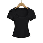 Square Collar High Stretch Summer Crop Tops Women Short Sleeve Tops Sexy Pullover Bottoming Blouses Slim T-shirt - Matrix-studios.com