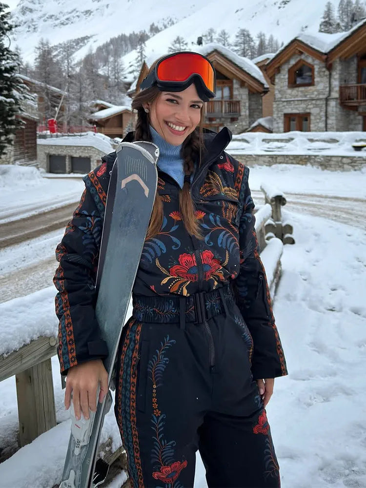Flower Printed Women's Ski Jumpsuits Zippers Stand Collar Waist-closed Pocket Lady Rompers 2026 Autumn Winter Female Ski Wear - Matrix Studios