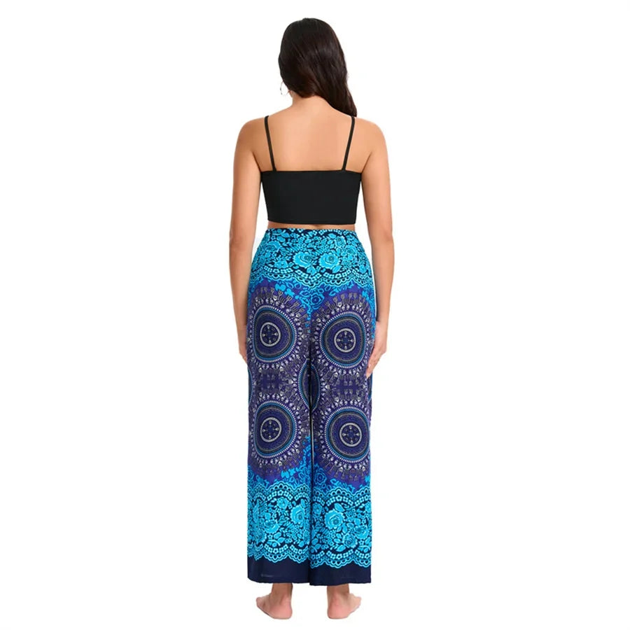 Women's Boho Palazzo Pants Wide Leg Yoga Wrap Tie Up Waistband Beach Cover Up Trousers Rayon Soft Breathable Loose Pants - Matrix Studios