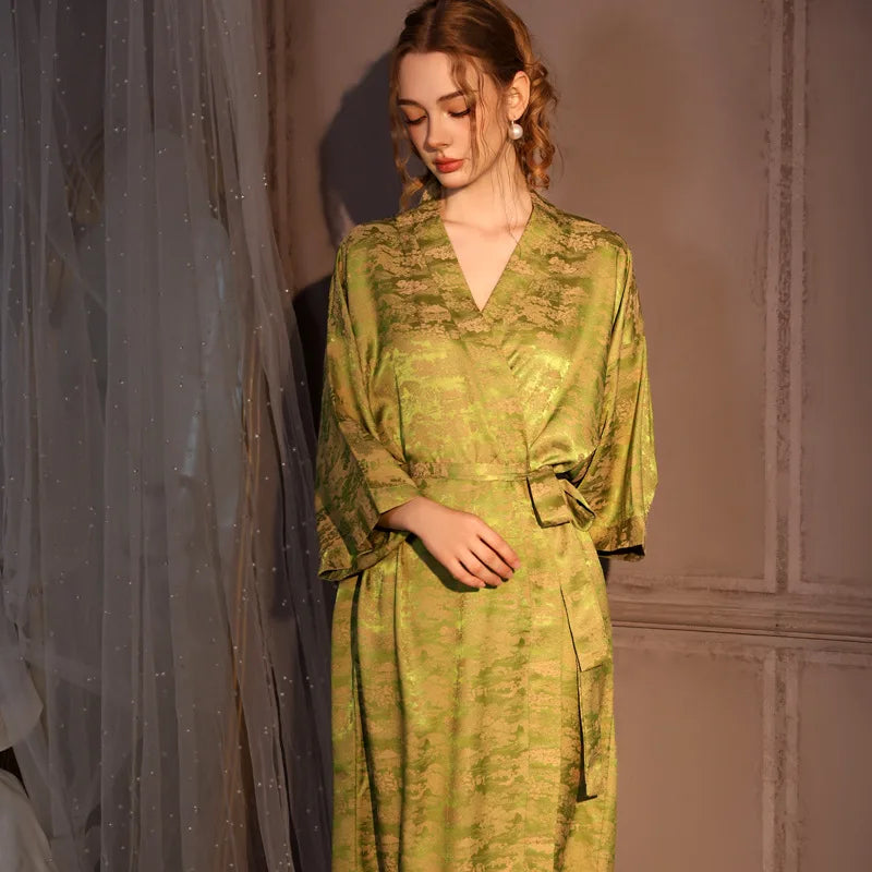 Luxury Jacquard Long Robe Nightgown Women Half Sleeve Kimono Bathrobe Gown Satin Ice Silk Sleepwear Sexy Home Dress Lounge Wear - Matrix-studios.com