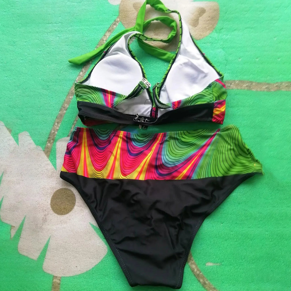 Color Block Two Piece Swimsuit Beach Bikini V Neck Swim Top And High-Waist Bikinibottom Briefs Ladies Tankini Swimwear Beachwear - Matrix-studios.com