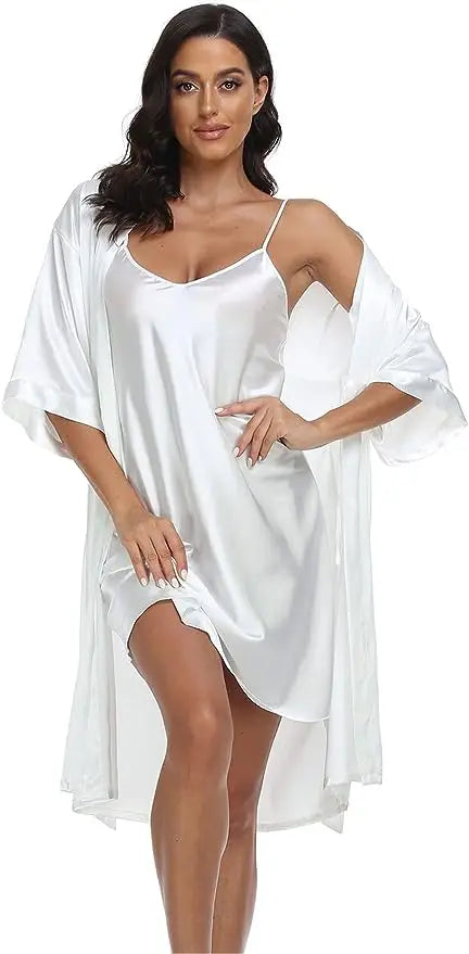 Women's Silk Satin Pajamas 2Pcs Sexy Silky Pj Robe Set with Chemise Nightgown - Matrix-studios.com