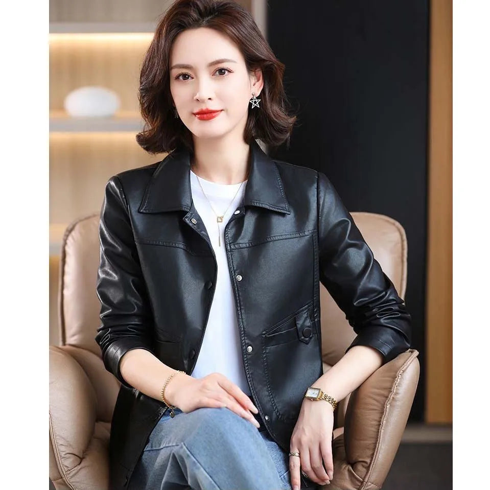 PU Leather Coat Short Female Young Style Autumn Winter New Western-Style Leather Casual Jacket Thicken Versatile Thin Fur Women - Matrix Studios