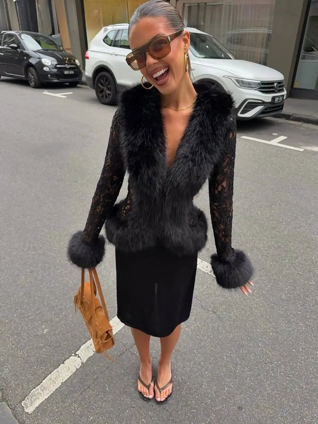 Black Faux Fur Collar Leather Jacket Elegant Lapel V-neck Waist Cinching Long-sleeved Short Coats Lady Winter Commute Coat 2026 - Matrix Studios