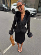 Black Faux Fur Collar Leather Jacket Elegant Lapel V-neck Waist Cinching Long-sleeved Short Coats Lady Winter Commute Coat 2026 - Matrix Studios