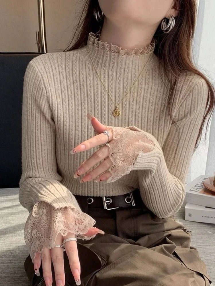 Autumn Winter Turtleneck Skinny Elastic Knitted Pullovers Women Solid Color Tops Female Long Sleeve Knit Patctwork Lace Sweater - Matrix Studios