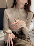 Autumn Winter Turtleneck Skinny Elastic Knitted Pullovers Women Solid Color Tops Female Long Sleeve Knit Patctwork Lace Sweater - Matrix Studios