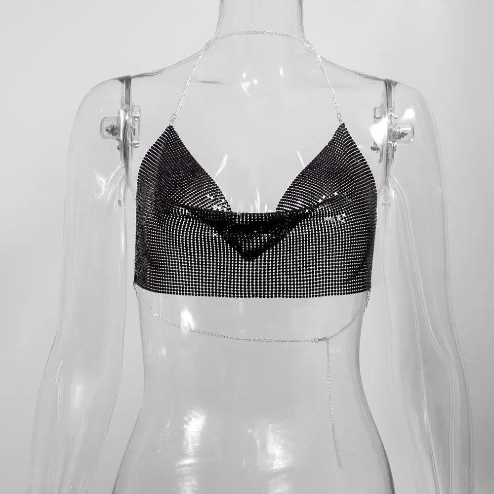 Sexy Summer Sequin Metal Crop Tops Suspenders Halter Backless Night Club Tank Top 2024 New Women Clothing Fashion Y2k Tops - Matrix-studios.com