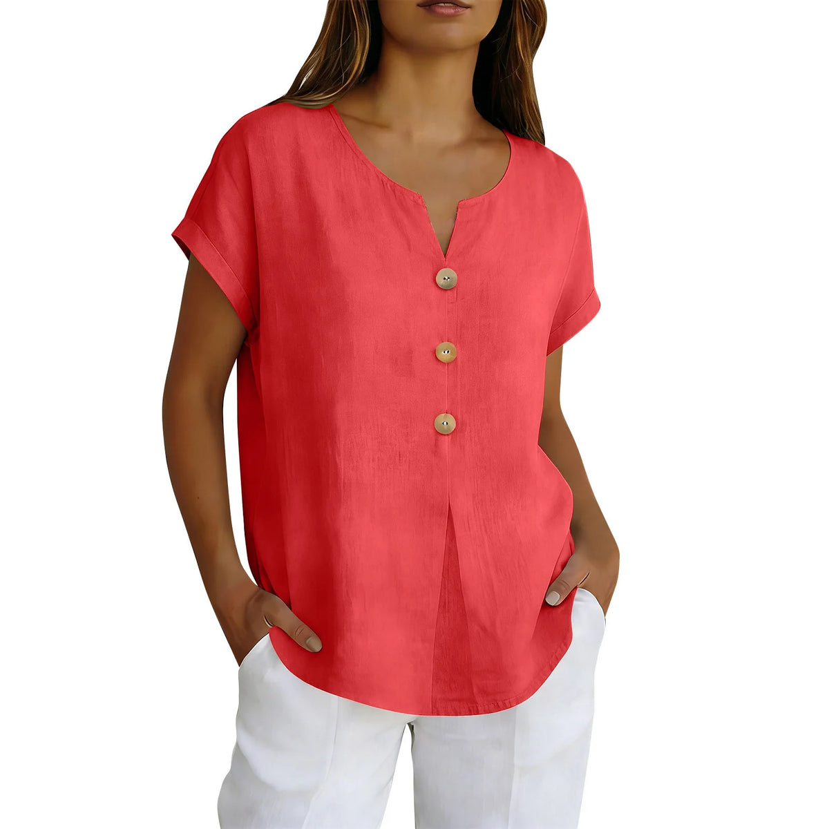 2026 Summer Basic Blouses Women's Shirts Solid Color Casual Short-Sleeve Cotton Linen Fashion Plus Size V-Neck Loose Button Tops - Matrix-studios.com