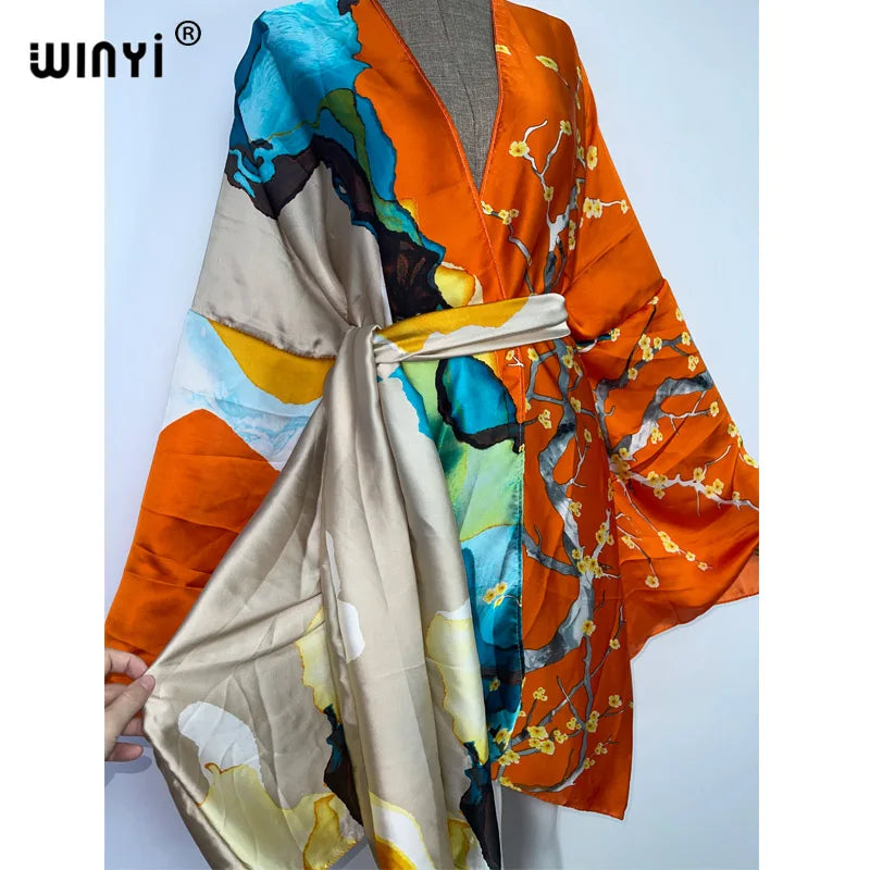 2022 WINYI Summer Beach Wear Swim Suit Cover Kaftan Sweet Lady Boho Cardigan Stitch Self Belted Sexy Holiday Long Sleeve Kimono - Matrix Studios