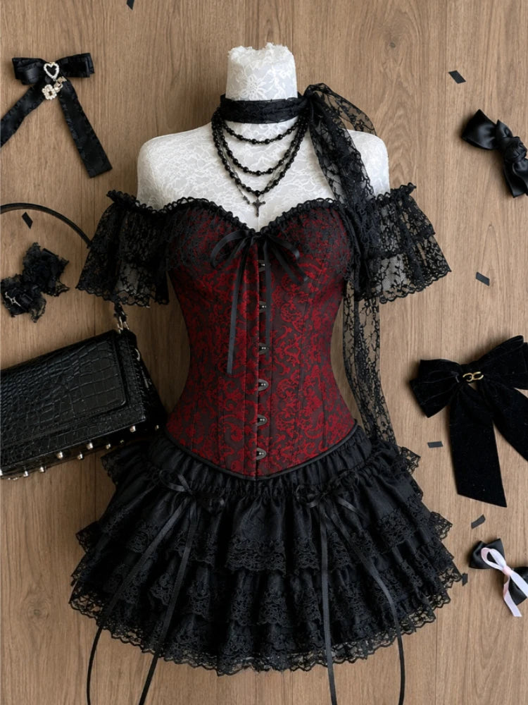Japanese Sweet Preppy Style 2 Piece Set Women Kawaii Lace Patchwork Bow Tops + Y2k Plaid Mini Skirt Elegant Fashion Outifits New - Matrix-studios.com