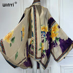 WINYI Summer Beach Outfits Women Swim Suit Cover Up Kaftan Boho Cardigan Stitch Self Belt Sexy Holiday Long Sleeve Print Kimono - Matrix Studios