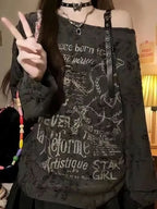Vintage Y2K Oversize Off shoulder T shirt With Print Women Ripped Top Hole Long sleeve Baggy Basic T shirt Pulovers Ladies Tops