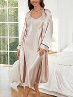 Ladies Solid Color Tie Robe V Neck Slip Dress Fashion Elegance Four Seasons Pajama Set - Matrix-studios.com