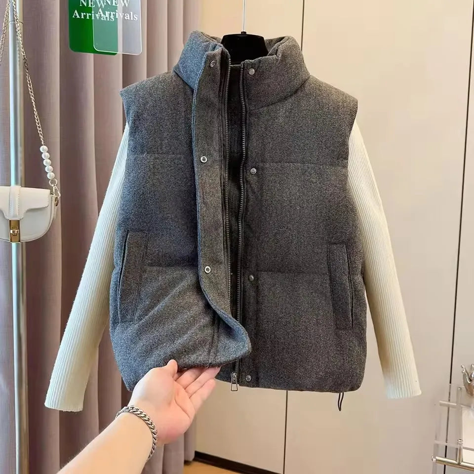 Autumn Winter Gray Cotton Vest Women Thick Warm Sleeveless Coat Outerwear 2025 New Chic Stand-up Collar Cotton Padded Waistcoat - Matrix Studios