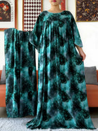 2025 New Loose Floral Dress Short Sleeve Cotton Women Abaya with Big Scarf Boho Maxi Dress Casual Fashion Dress African Vestidos - Matrix-studios.com