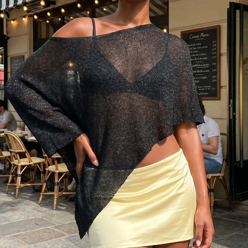 Women Boho Sheer Knitted Poncho Crop Top Irregular Asymmetric Batwing Sleeve Beach Cover Up Off Shoulder Summer Shawl T-shirt - Matrix Studios