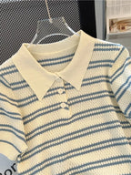 2025 Polo Neck New Womens Knitting T-Shirt Striped Short Sleeve Women T Shirt for Female Slim Tops Woman T Shirts Clothing S145 - Matrix-studios.com