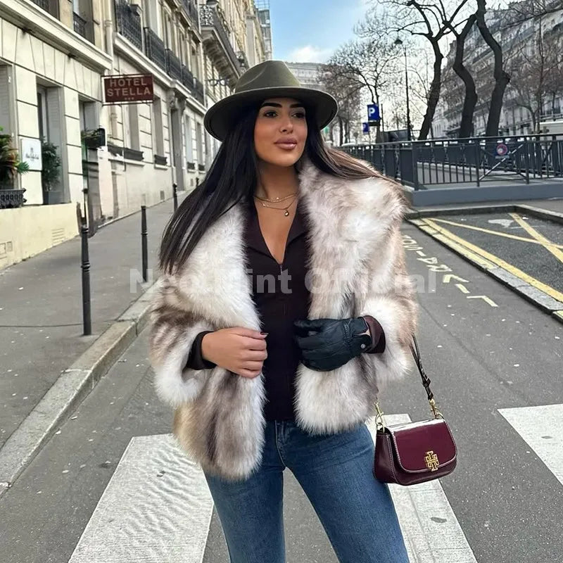 Neo Mint 2025 Winter Exclusive Striped Faux Fur Jacket Women Overcoat Brand Blogger Fashion Fluffy Fox Fur Collar Coat Outerwear - Matrix Studios