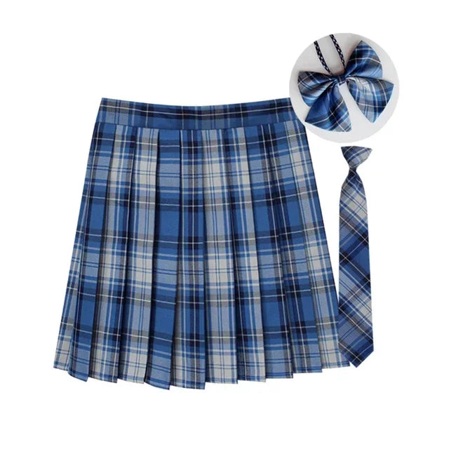 Women Summer Plaid Pleated Skirt With Necktie Bowtie Korean Jk Skirt Uniform Japanese School Preppy A Line Mini Skirts - Matrix-studios.com
