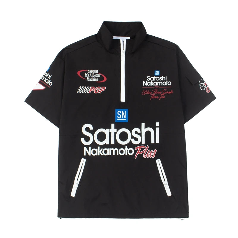 Men's Satoshi Polo Shirts Vintage Short Sleeve Black Linen Fabric Street Y2K Motorsport Print Stand Collar Loose Casual T-shirt - Matrix-studios.com
