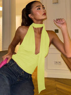 Dulzura V-Neck Sleeveless Halter Backless Bodycon Corp Top Solid Sexy Elegant Y2K Top Party Clubwear Street Summer Vest - Matrix-studios.com