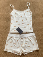 Strawberry Vest Shorts 2 Pieces Set Woman Eyelet Bow Slim Tank Top with Elastic Waist Patchwork Straight Short Pant Sweet Sets - Matrix-studios.com