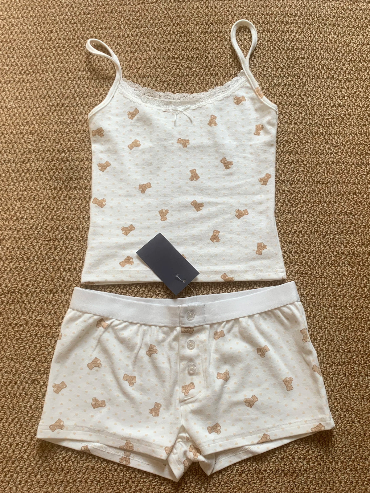 Strawberry Vest Shorts 2 Pieces Set Woman Eyelet Bow Slim Tank Top with Elastic Waist Patchwork Straight Short Pant Sweet Sets - Matrix-studios.com