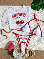 S -XL Cherry Printed Short Sleeve Bikini Female Swimsuit Women Swimwear Three-Pieces Bikini Set Bather Bathing Suit Swim V6854 - Matrix-studios.com