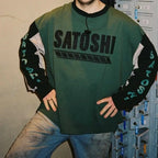 Satoshi Nakamoto Long-Sleeved T-Shirt 26FW Multi-color Patchwork Sleeve Roundneck Letter-Print Tops Loose Casual Design Tee - Matrix-studios.com