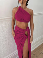 Ladies Summer 2 Pieces Set Women Sleeveless Backless Strap Spit Crop Top Side Slit Slim Long Skirt Evening Party Club Streetwear - Matrix-studios.com