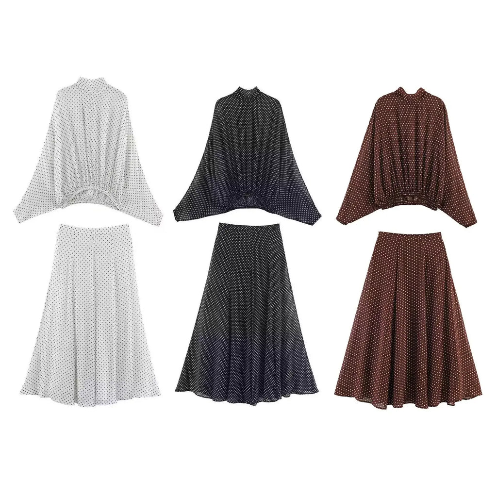 ETJ Women's Polka Dot Blouse Skirt Set 2026 Spring High Neck Batwing Sleeve Sheer Front Tie Bow Midi A-Line Dress Set - Matrix-studios.com