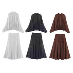 ETJ Women's Polka Dot Blouse Skirt Set 2026 Spring High Neck Batwing Sleeve Sheer Front Tie Bow Midi A-Line Dress Set - Matrix-studios.com