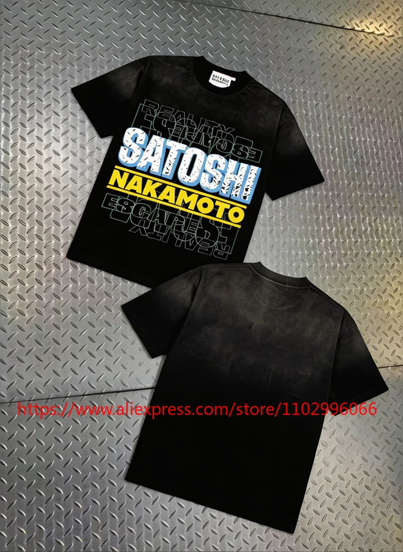 Y2K Gothic Skull Flame Graphic Tee Satoshi Nakamoto Letter Print Oversized Washed Black Men Casual Street T-Shirts - Matrix-studios.com